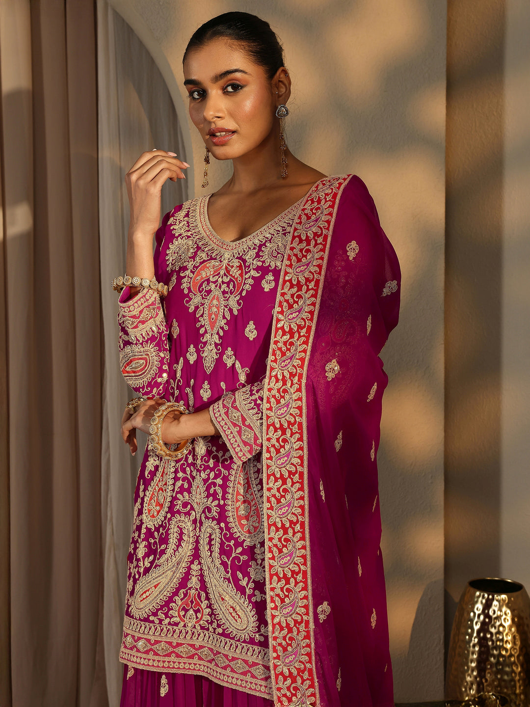  Libas Art Pink Paisley Embroidered Georgette Straight Suit Set With Dupatta 