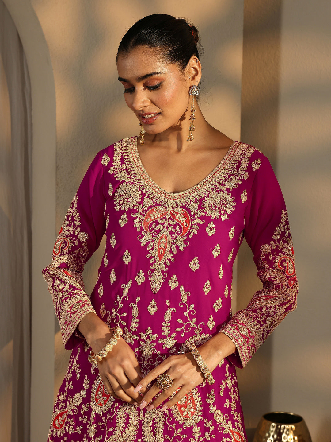  Libas Art Pink Paisley Embroidered Georgette Straight Suit Set With Dupatta 