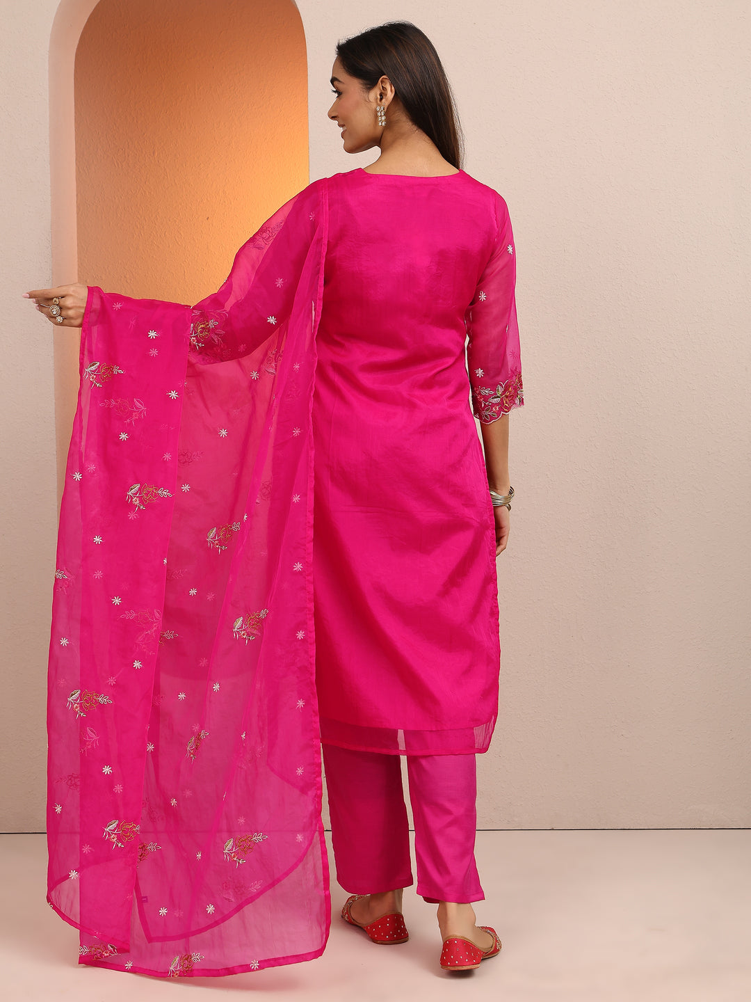 Pink Embroidered Organza Straight Suit Set With Dupatta 