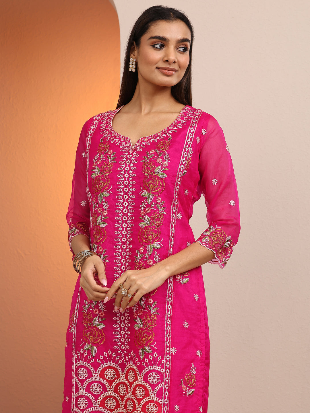  Pink Embroidered Organza Straight Suit Set With Dupatta 