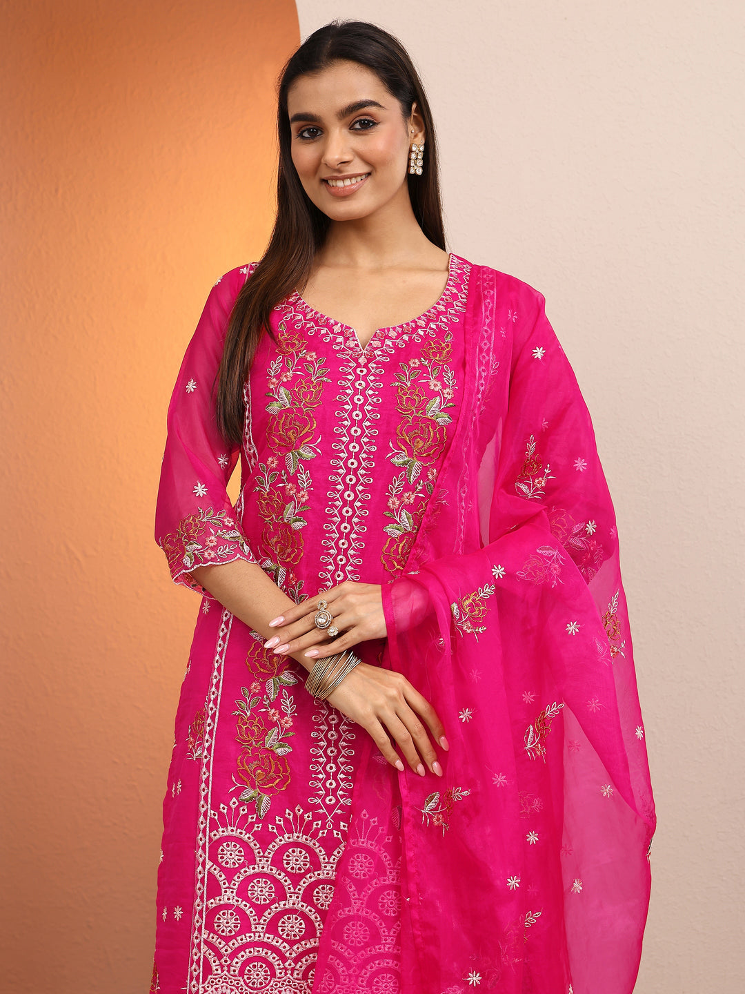  Pink Embroidered Organza Straight Suit Set With Dupatta 