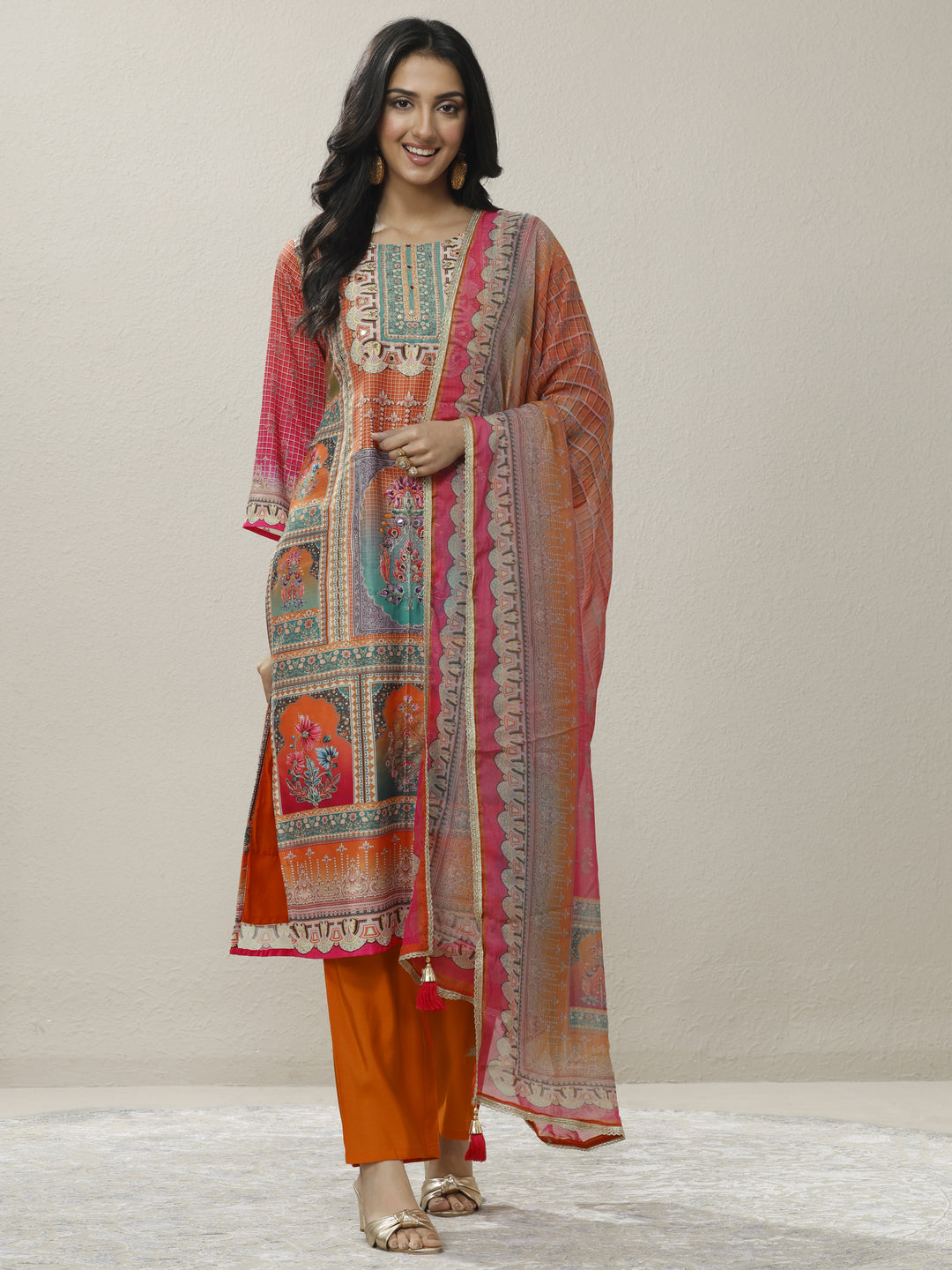  Orange Printed Crepe Straight Suit Set With Dupatta 