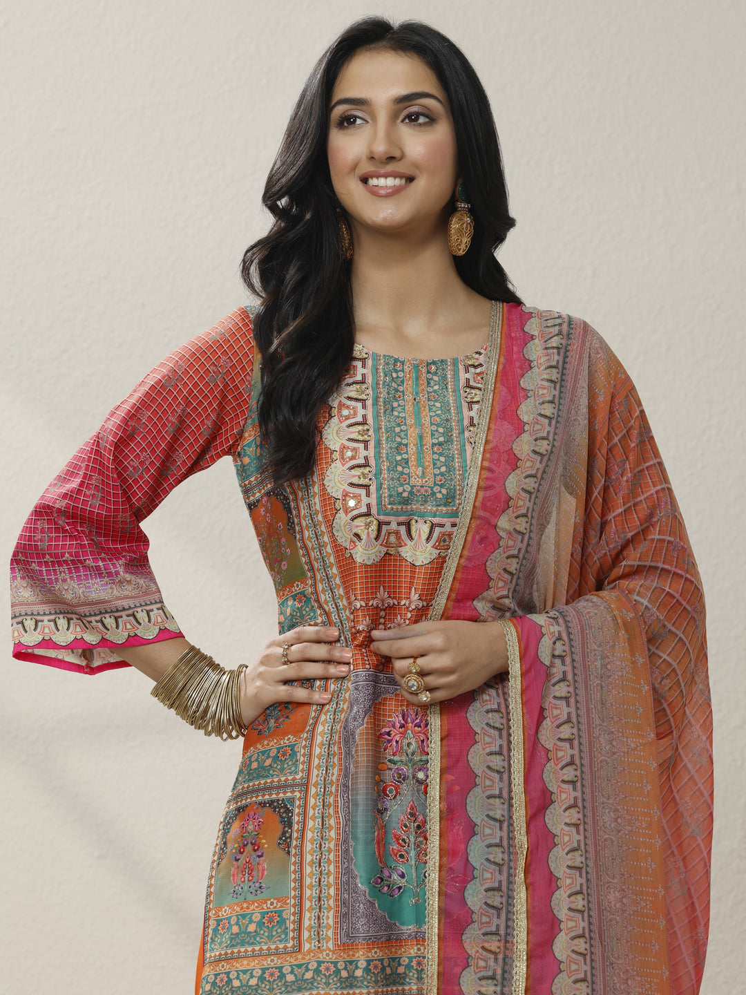  Orange Printed Crepe Straight Suit Set With Dupatta 