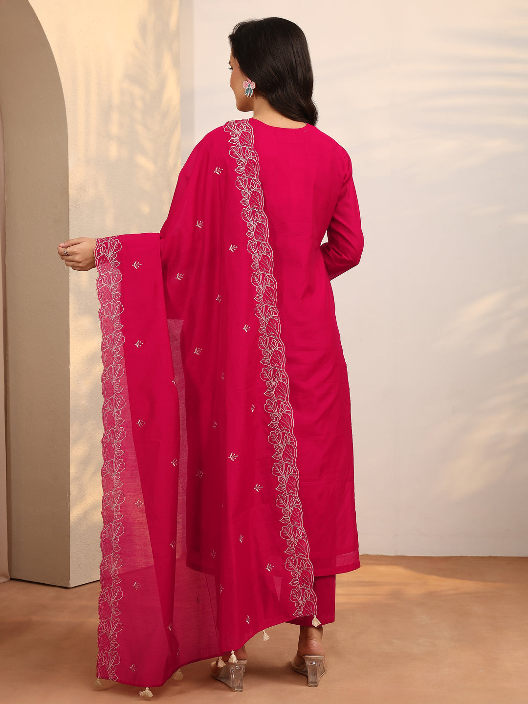  Pink Embroidered Silk Blend Straight Suit Set With Dupatta 