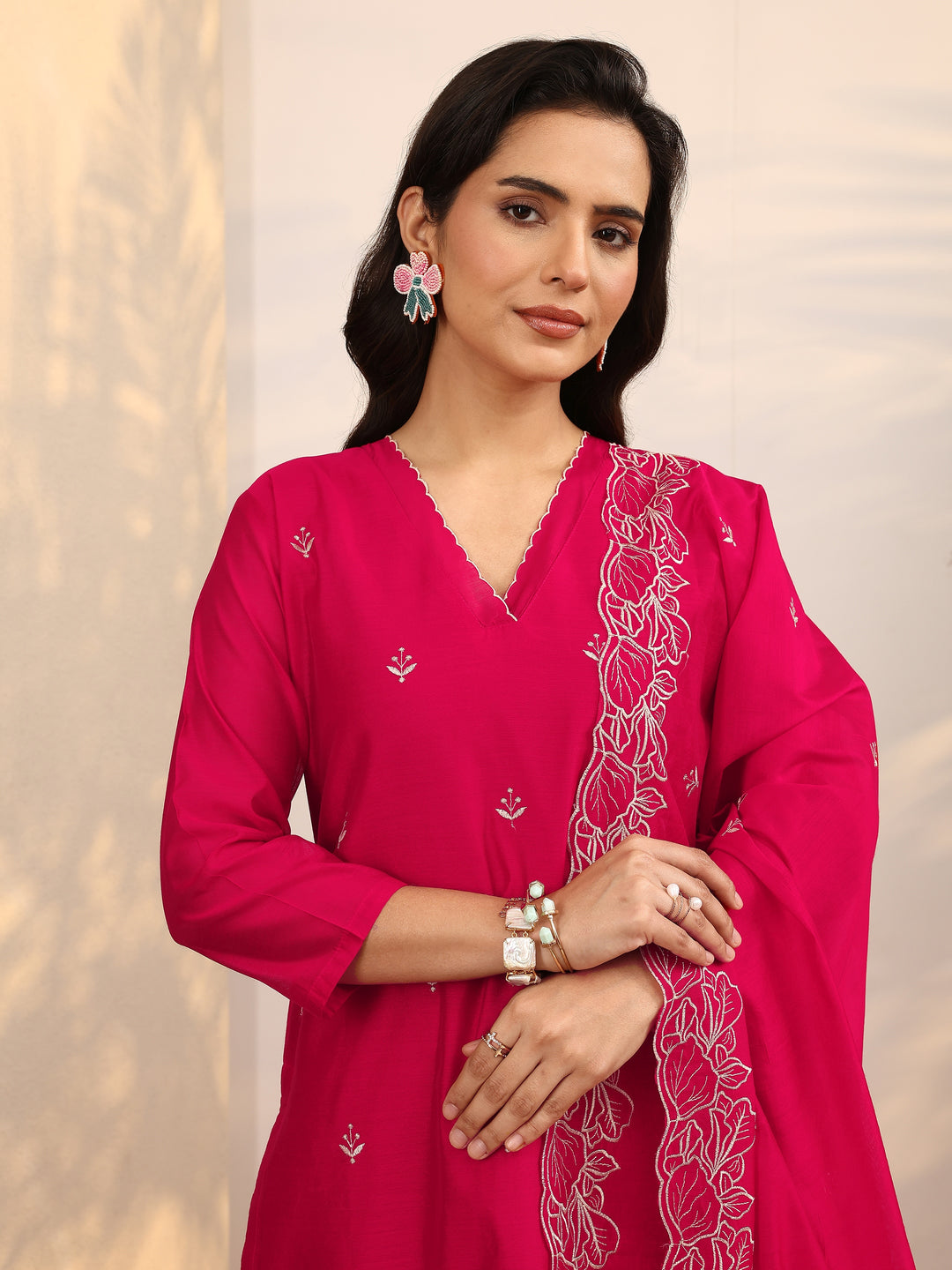  Pink Embroidered Silk Blend Straight Suit Set With Dupatta 