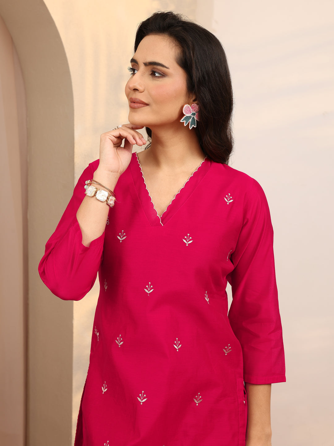  Pink Embroidered Silk Blend Straight Suit Set With Dupatta 