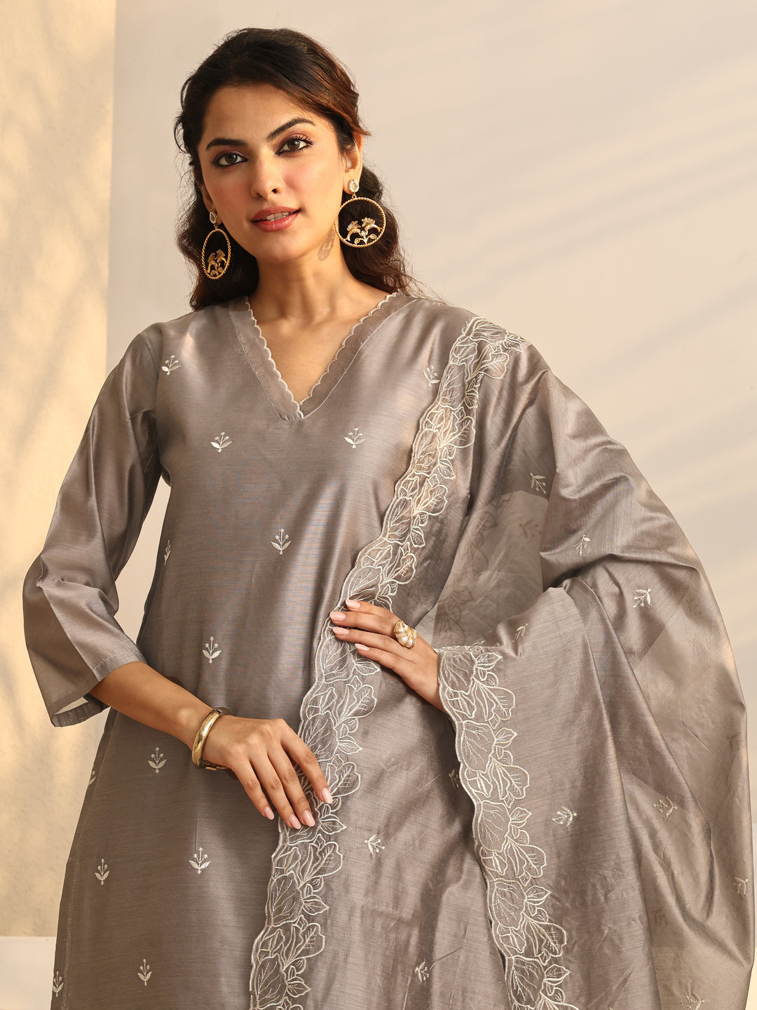  Grey Embroidered Silk Blend Straight Suit Set With Dupatta 