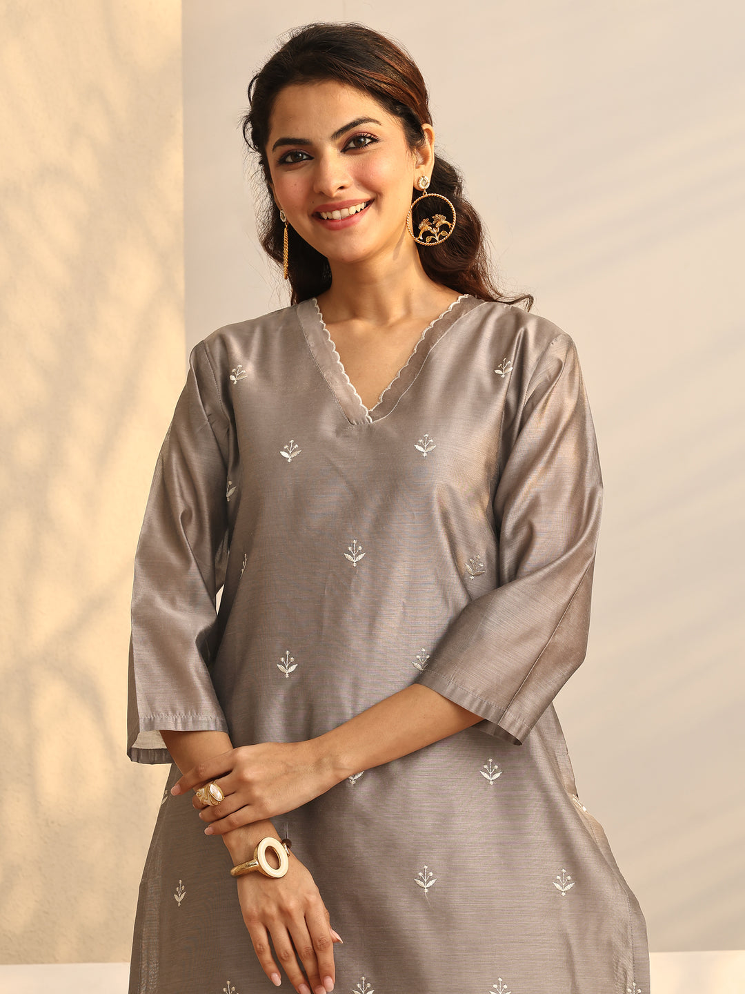  Grey Embroidered Silk Blend Straight Suit Set With Dupatta 