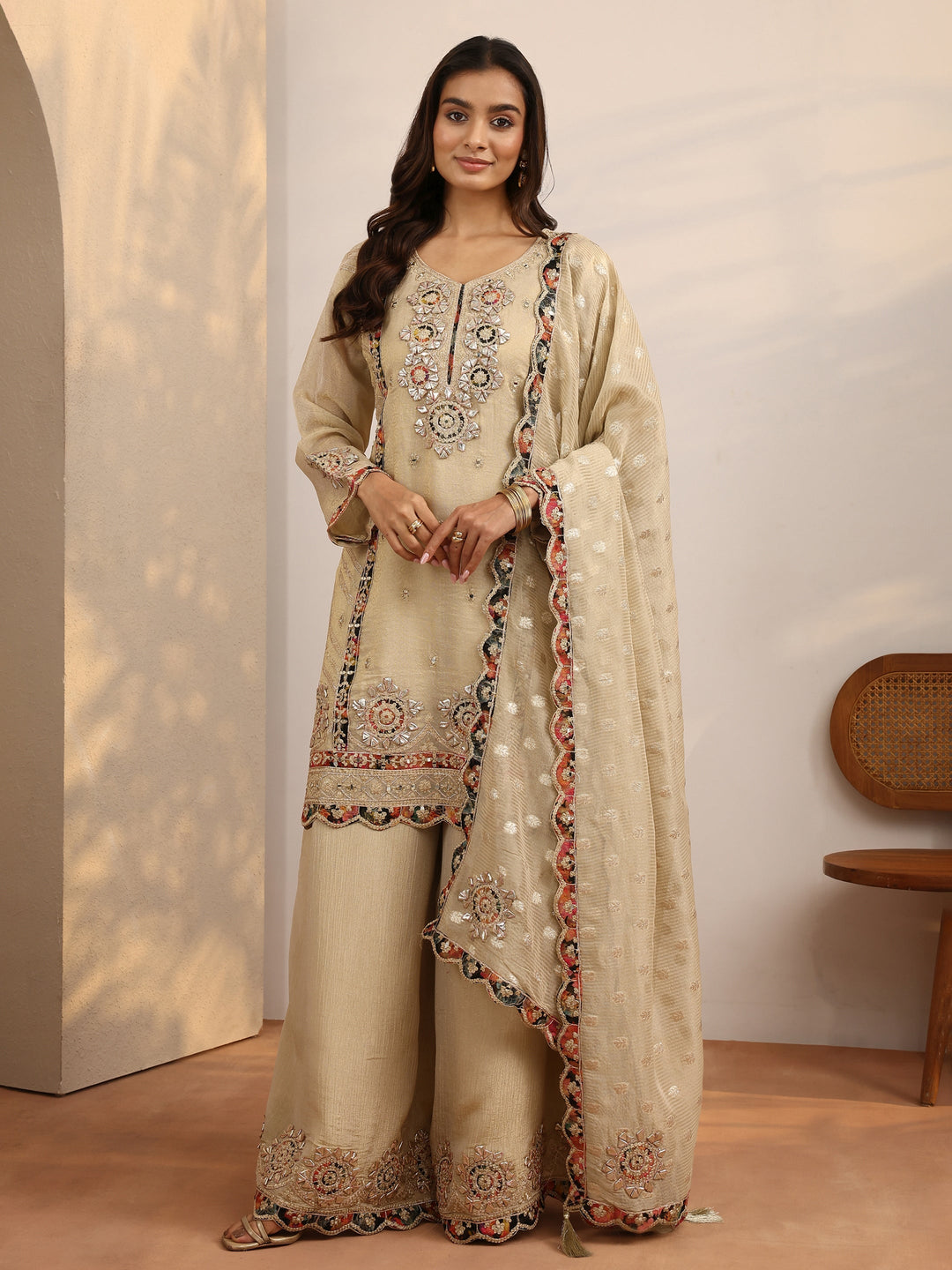  Libas Art Cream Embroidered Silk Blend Straight Suit Set With Dupatta 