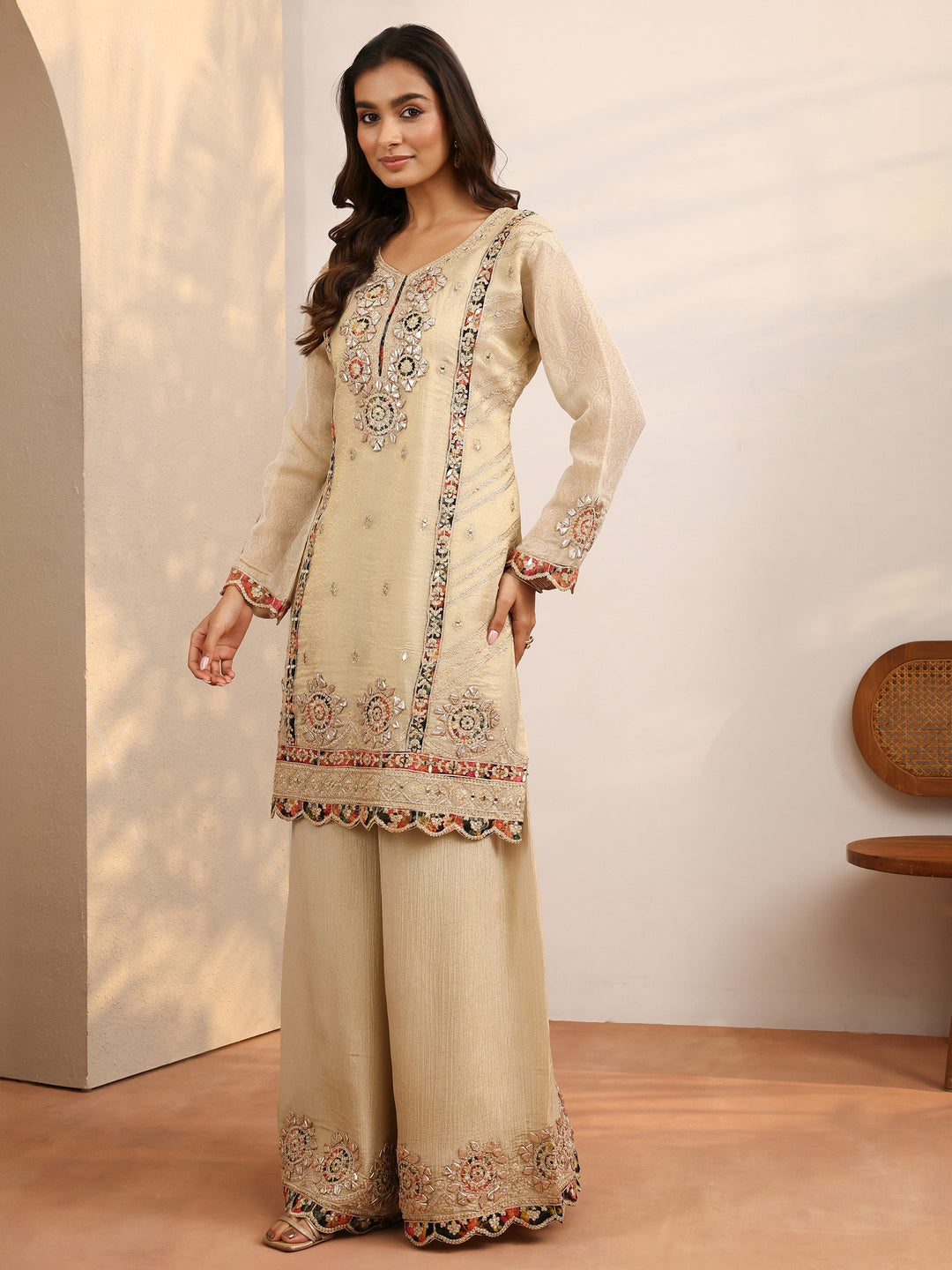  Libas Art Cream Embroidered Silk Blend Straight Suit Set With Dupatta 