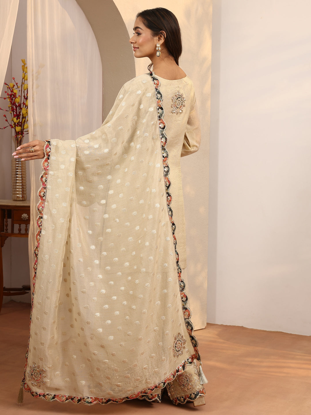  Libas Art Cream Embroidered Silk Blend Straight Suit Set With Dupatta 