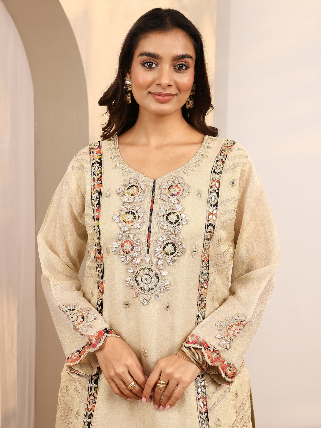  Libas Art Cream Embroidered Silk Blend Straight Suit Set With Dupatta 