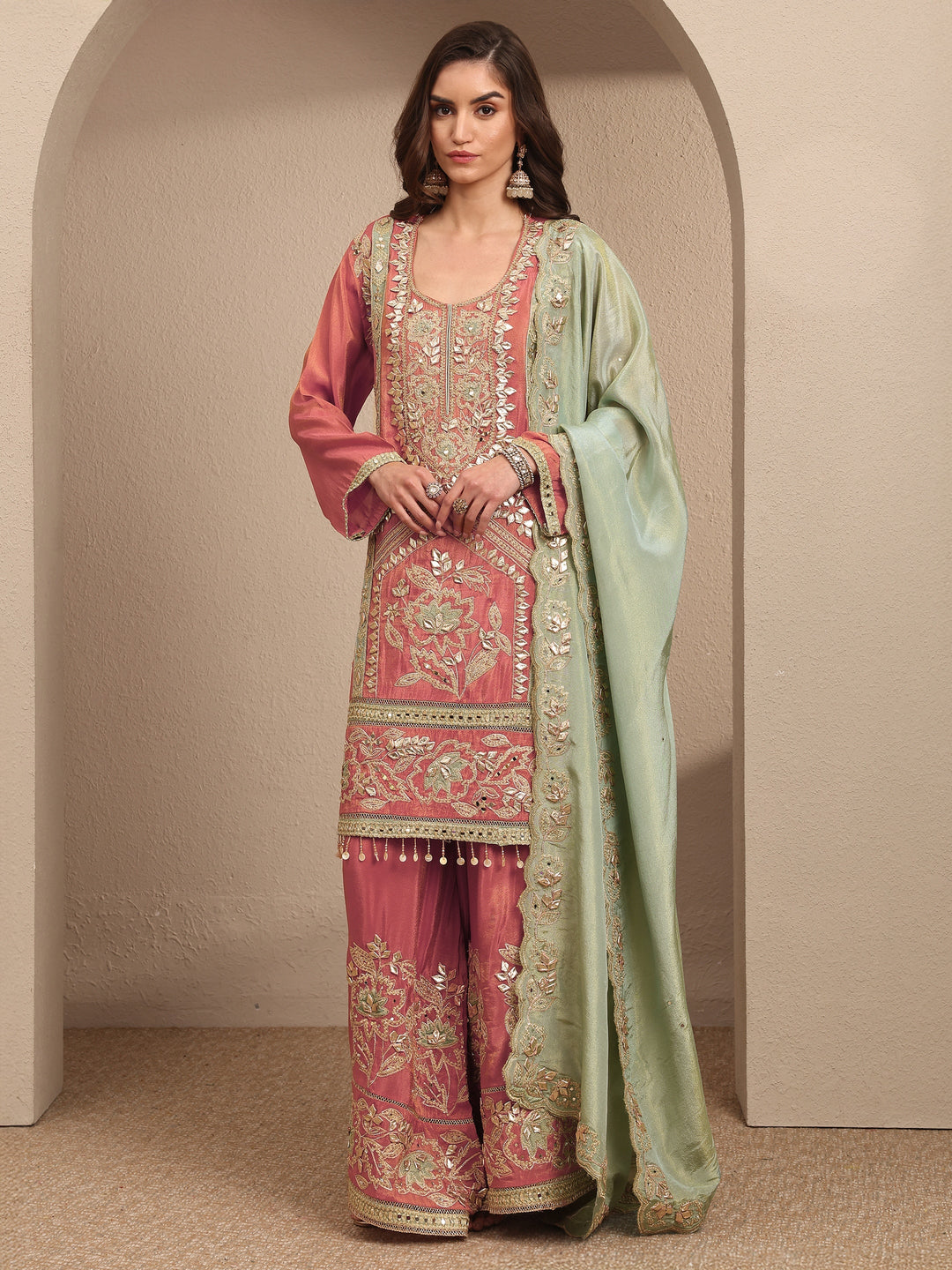  Libas Art Coral Embroidered Silk Blend Straight Suit Set With Dupatta 