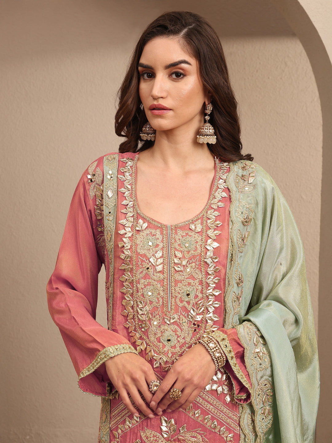  Libas Art Coral Embroidered Silk Blend Straight Suit Set With Dupatta 