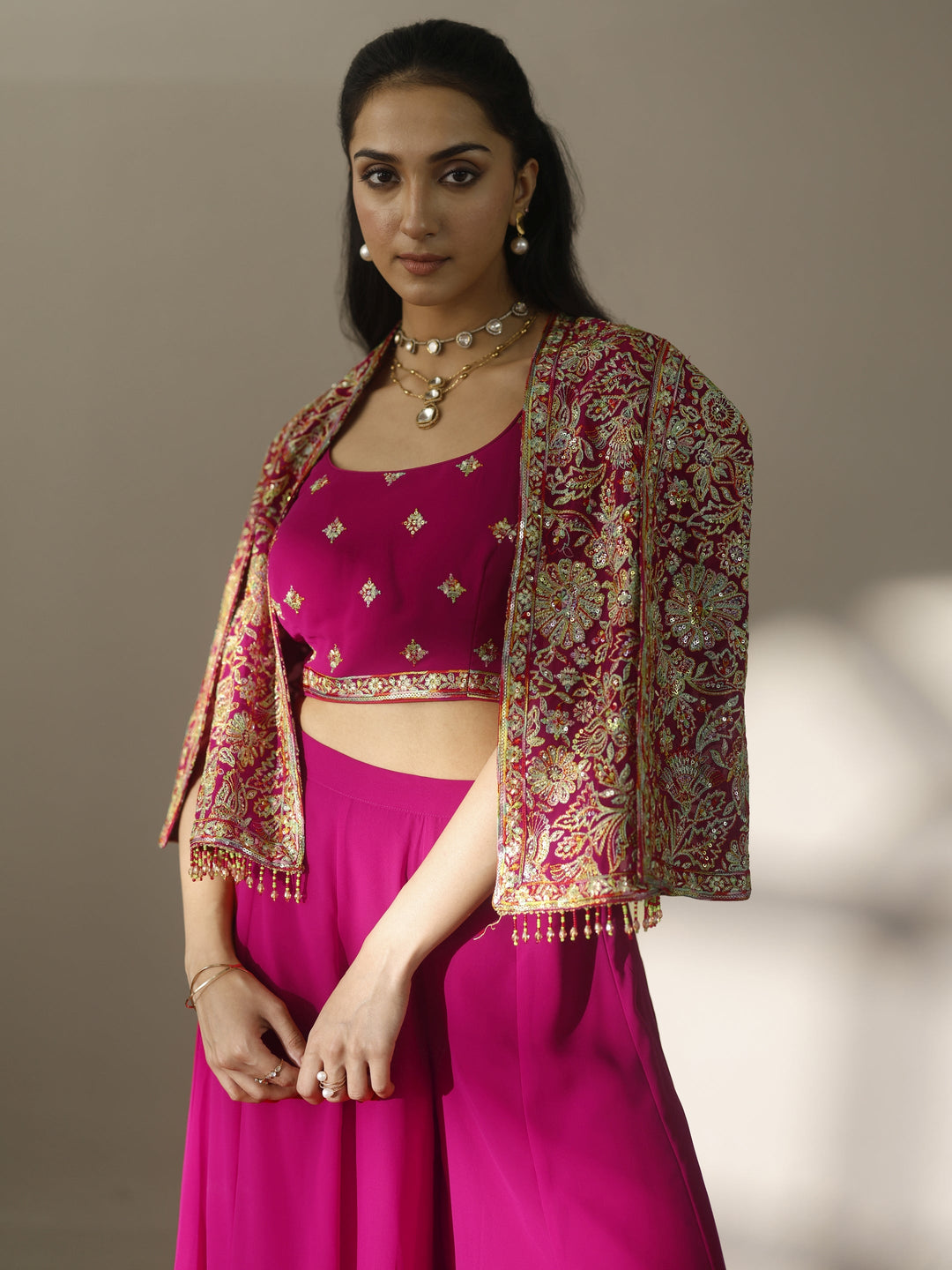  Libas Art Pink Embroidered Silk Blend Co-Ord Set 