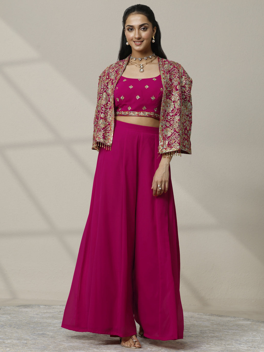  Libas Art Pink Embroidered Silk Blend Co-Ord Set 