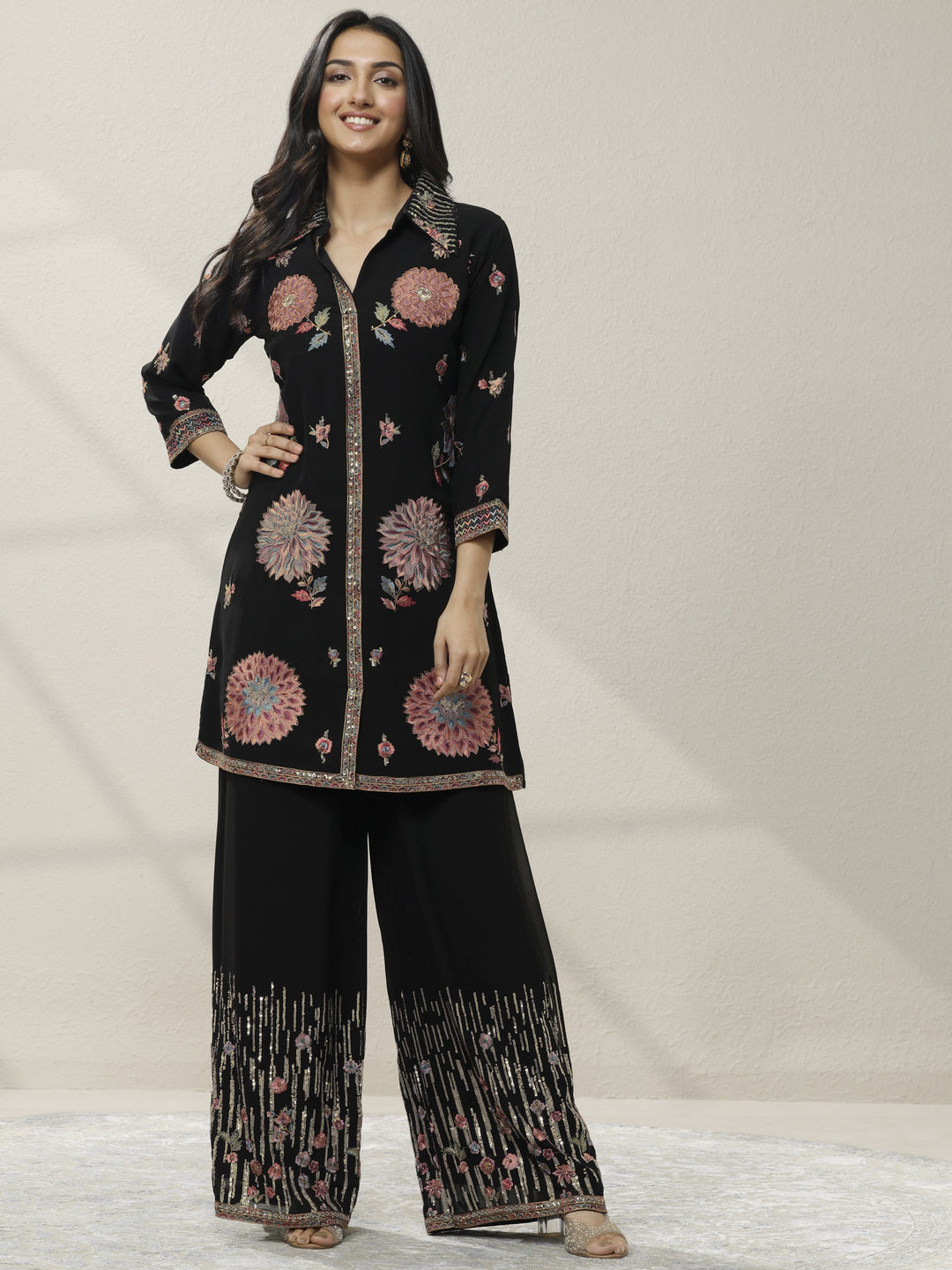  Black Embroidered Silk Blend Co-Ord Set 