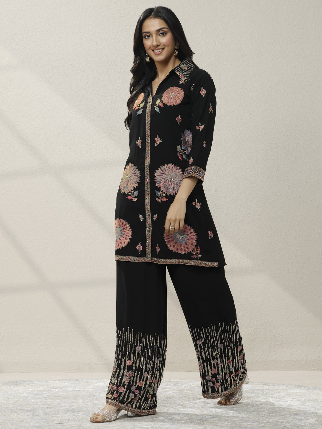  Black Embroidered Silk Blend Co-Ord Set 