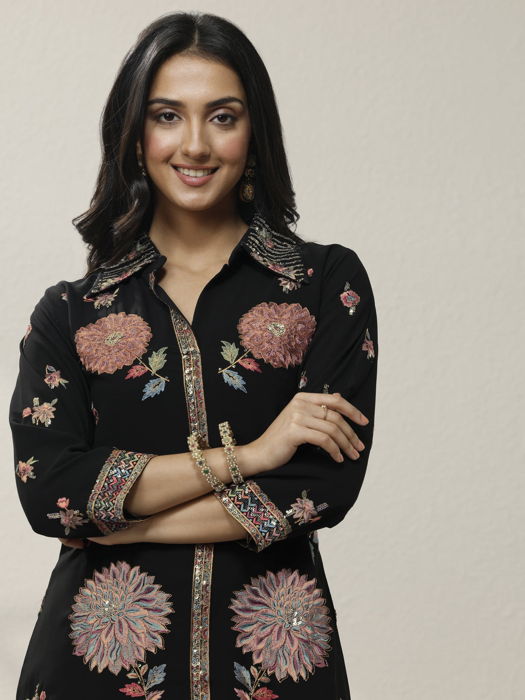  Black Embroidered Silk Blend Co-Ord Set 