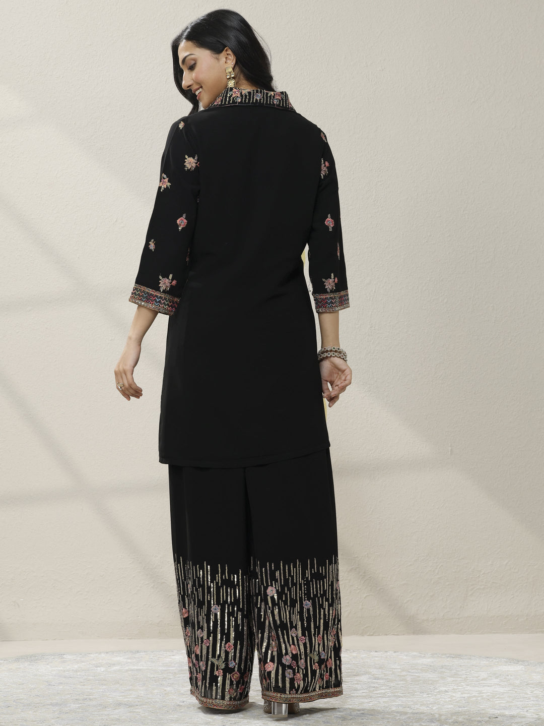  Black Embroidered Silk Blend Co-Ord Set 