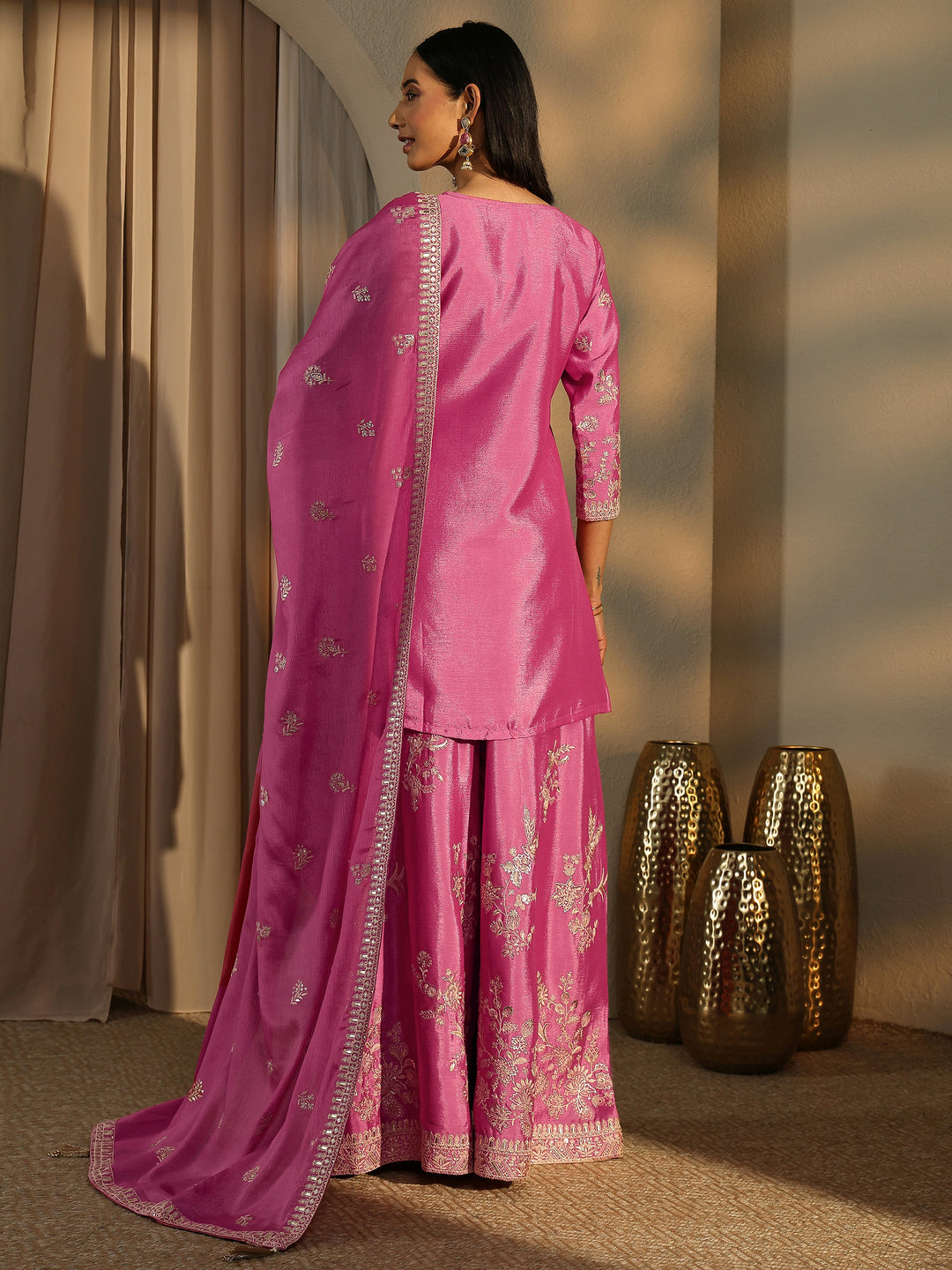  Libas Art Pink Embroidered Chinon Straight Suit Set With Dupatta 
