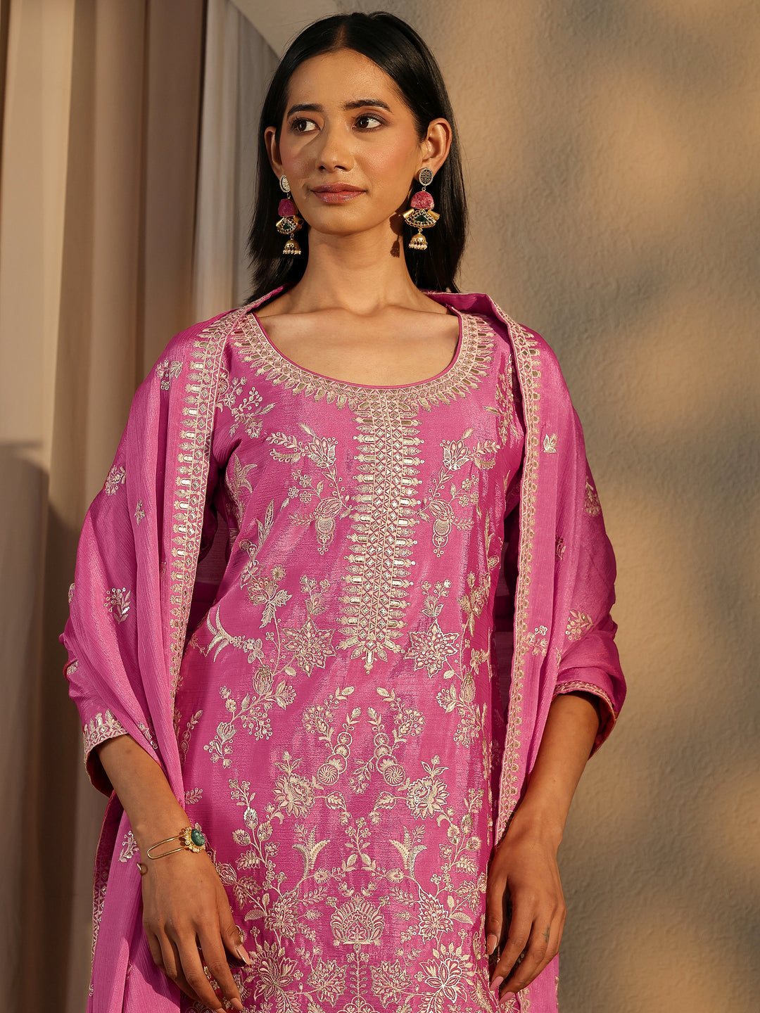  Libas Art Pink Embroidered Chinon Straight Suit Set With Dupatta 