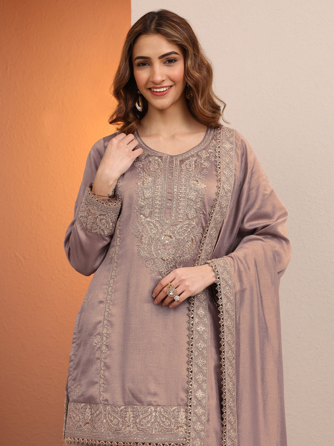  Libas Art Grey Embroidered Organza Straight Suit Set With Dupatta 