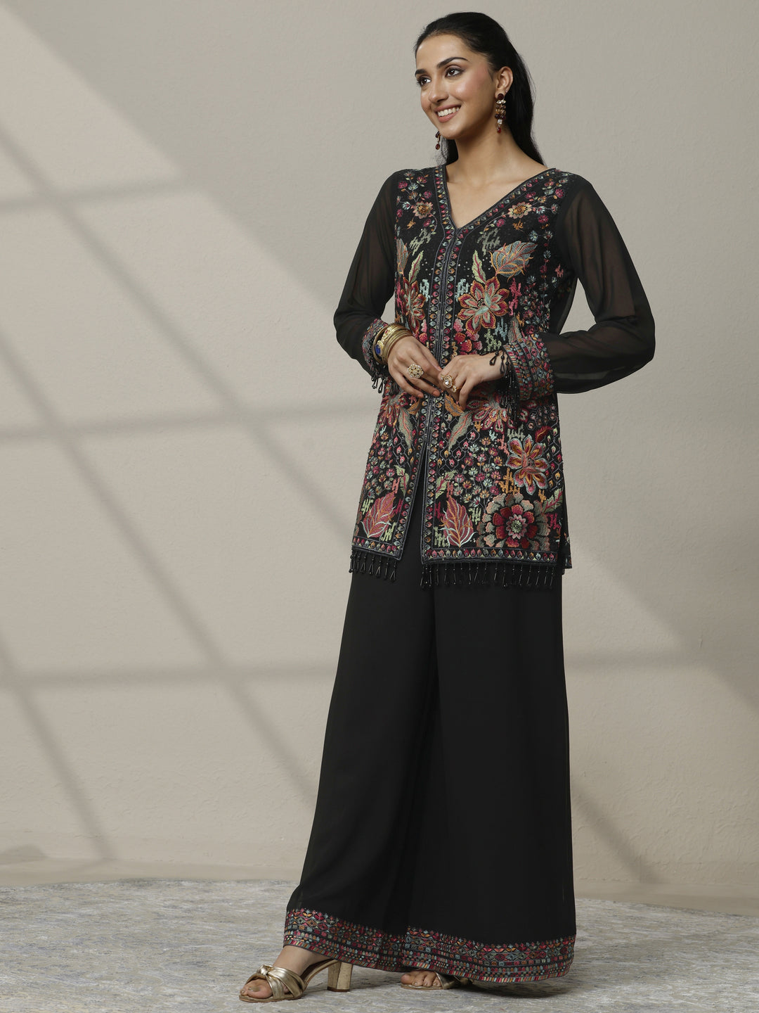  Libas Art Black Embroidered Georgette Suit Set With Dupatta 