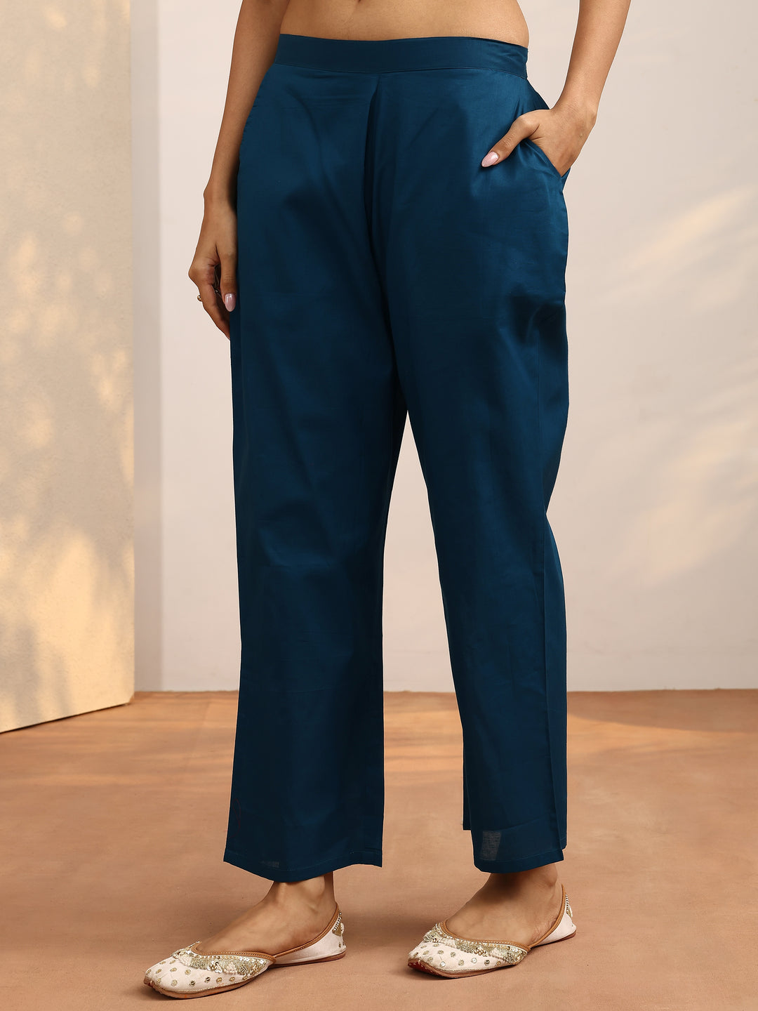  Teal Embroidered Silk Blend Straight Suit Set With Dupatta 