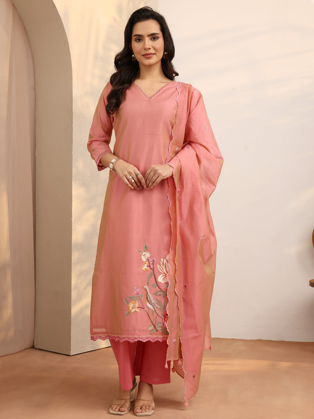  Peach Embroidered Silk Blend Straight Suit Set With Dupatta 