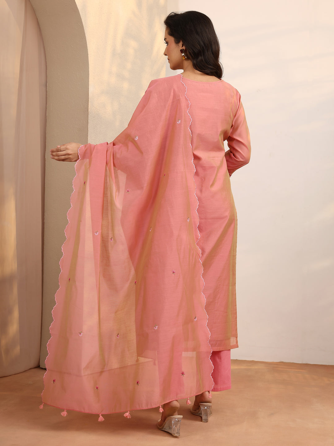  Peach Embroidered Silk Blend Straight Suit Set With Dupatta 