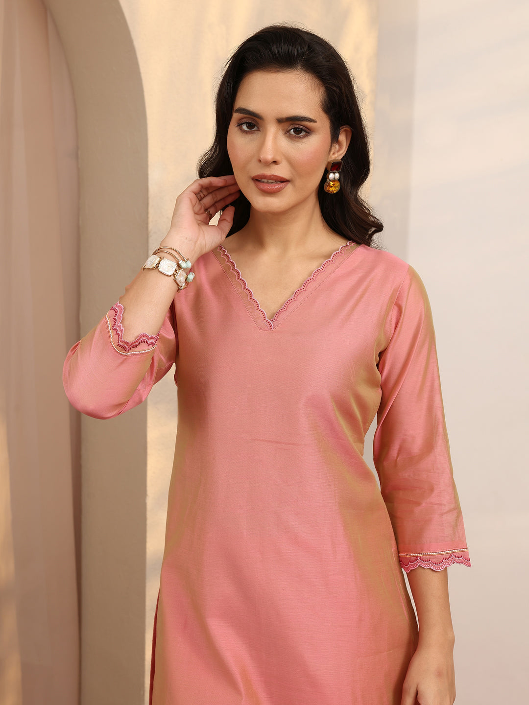  Peach Embroidered Silk Blend Straight Suit Set With Dupatta 