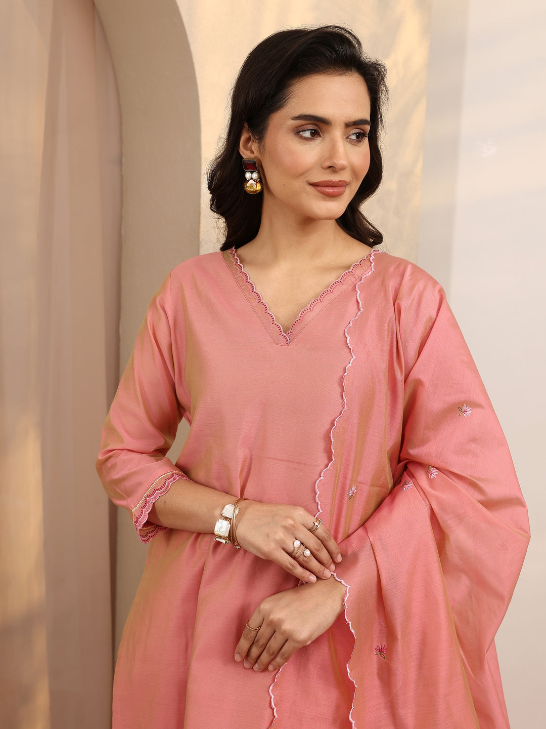  Peach Embroidered Silk Blend Straight Suit Set With Dupatta 