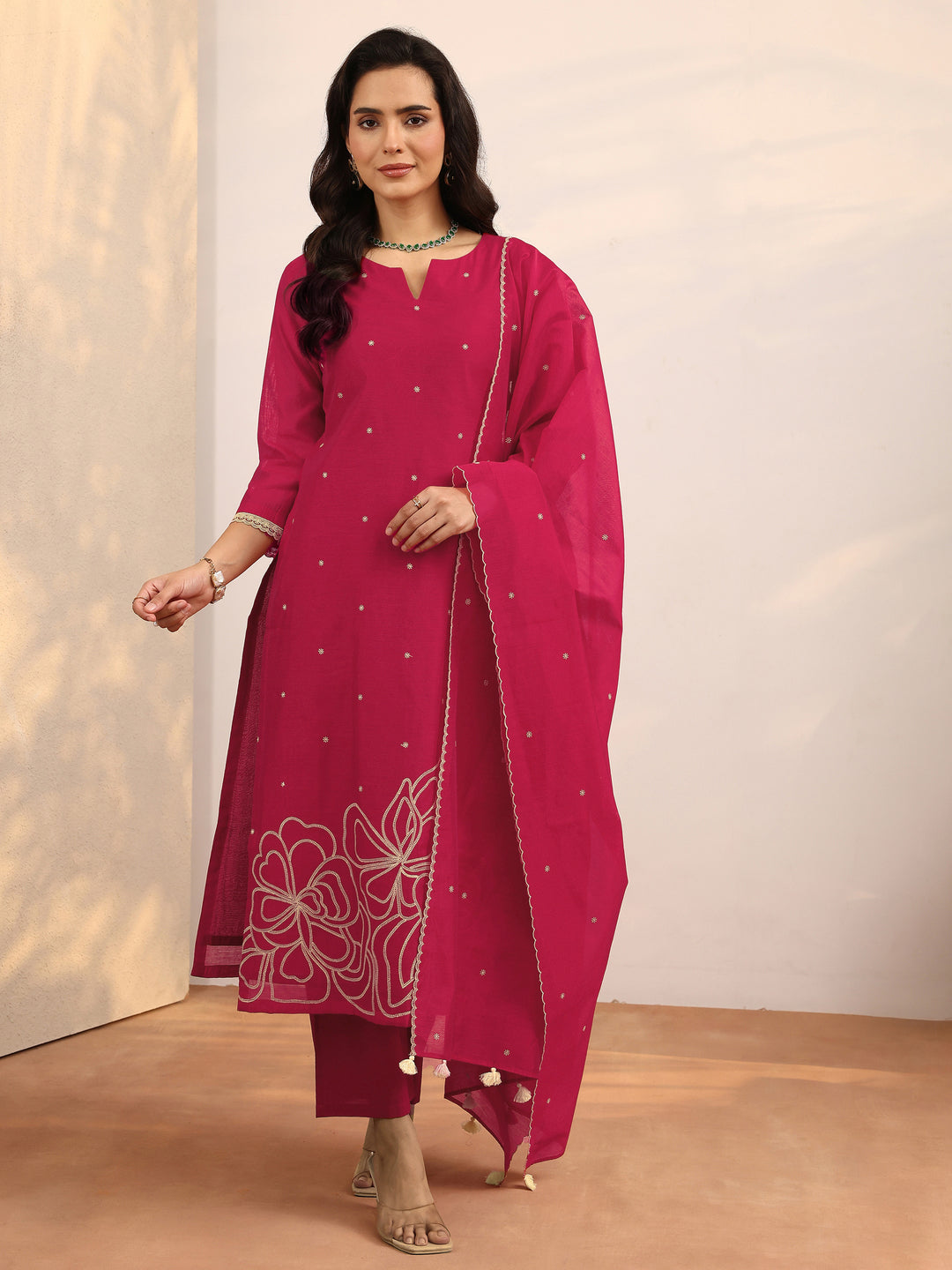  Red Embroidered Silk Blend Straight Suit Set With Dupatta 