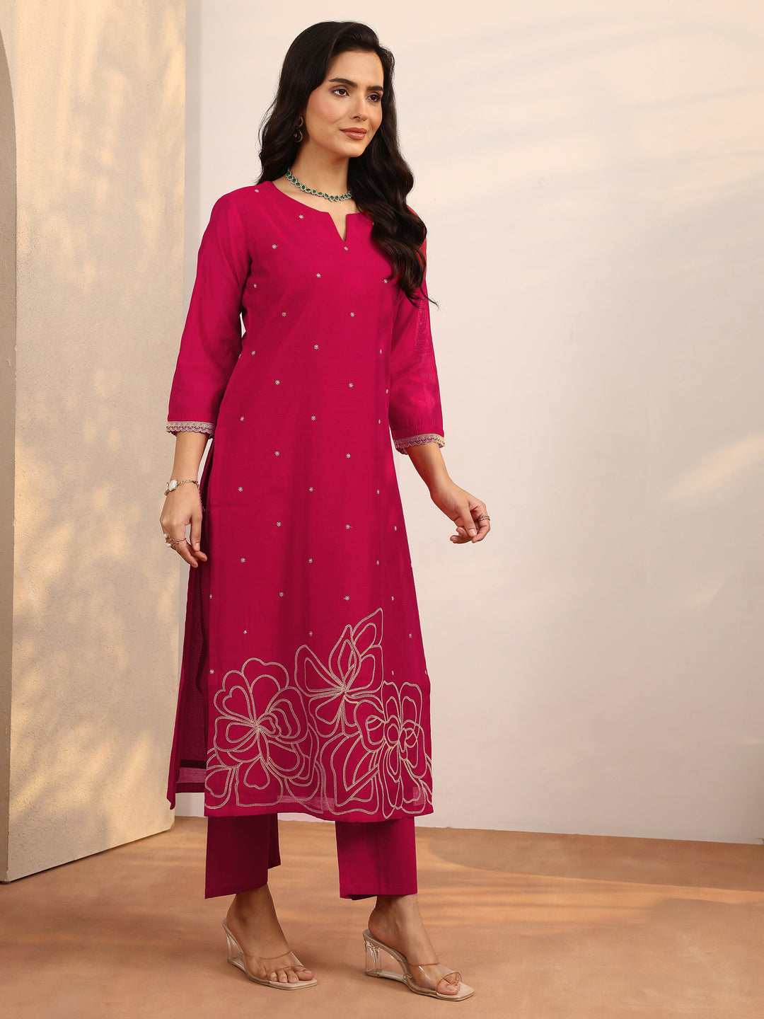  Red Embroidered Silk Blend Straight Suit Set With Dupatta 