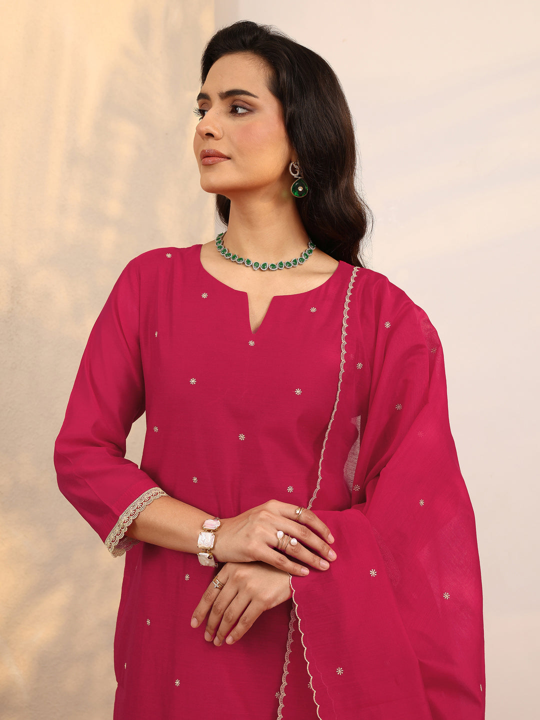  Red Embroidered Silk Blend Straight Suit Set With Dupatta 