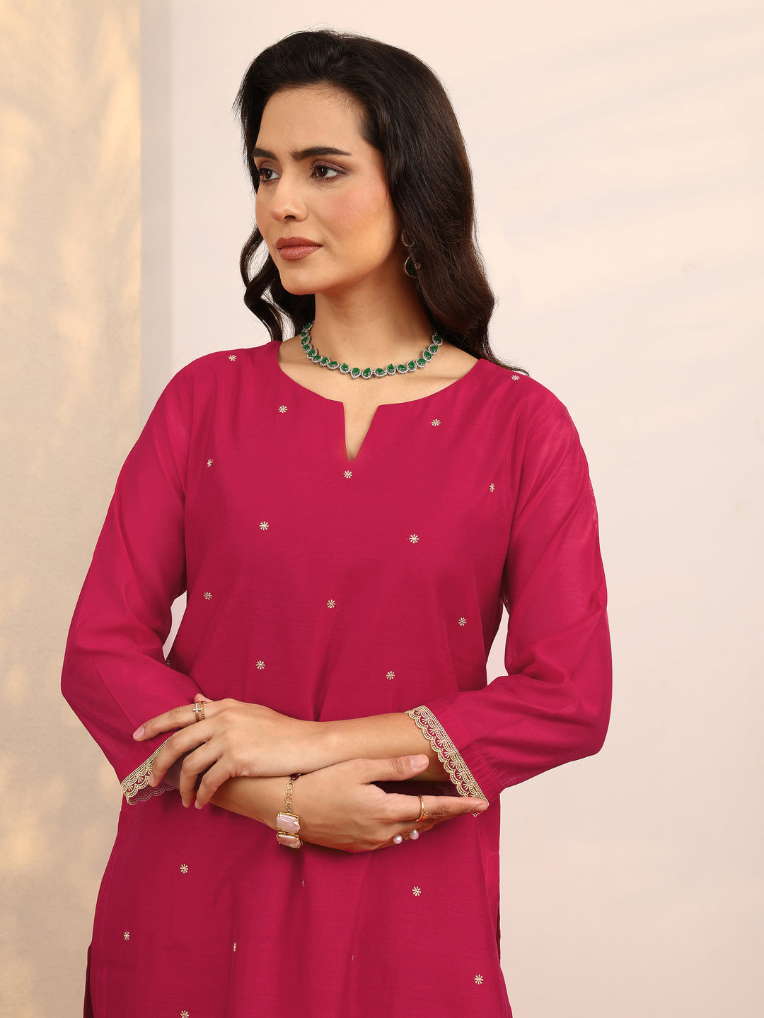  Red Embroidered Silk Blend Straight Suit Set With Dupatta 