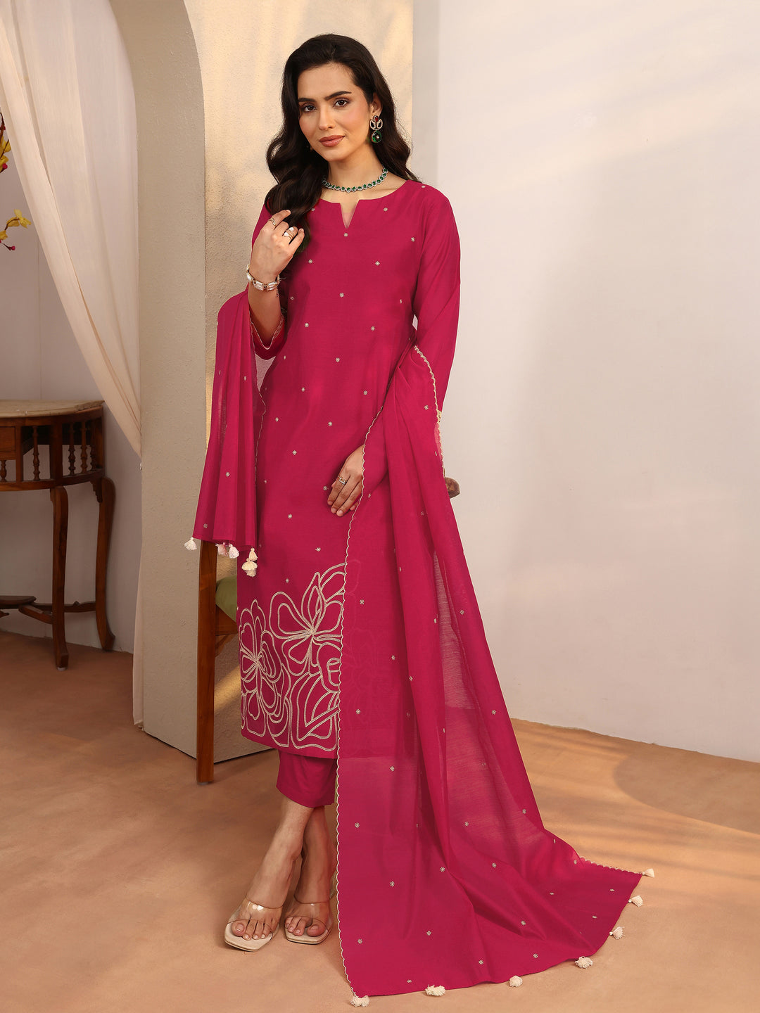 Red Embroidered Silk Blend Straight Suit Set With Dupatta