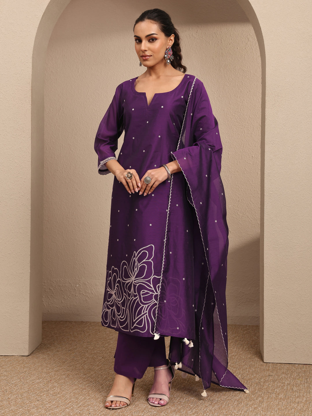  Purple Embroidered Silk Blend Straight Suit Set With Dupatta 