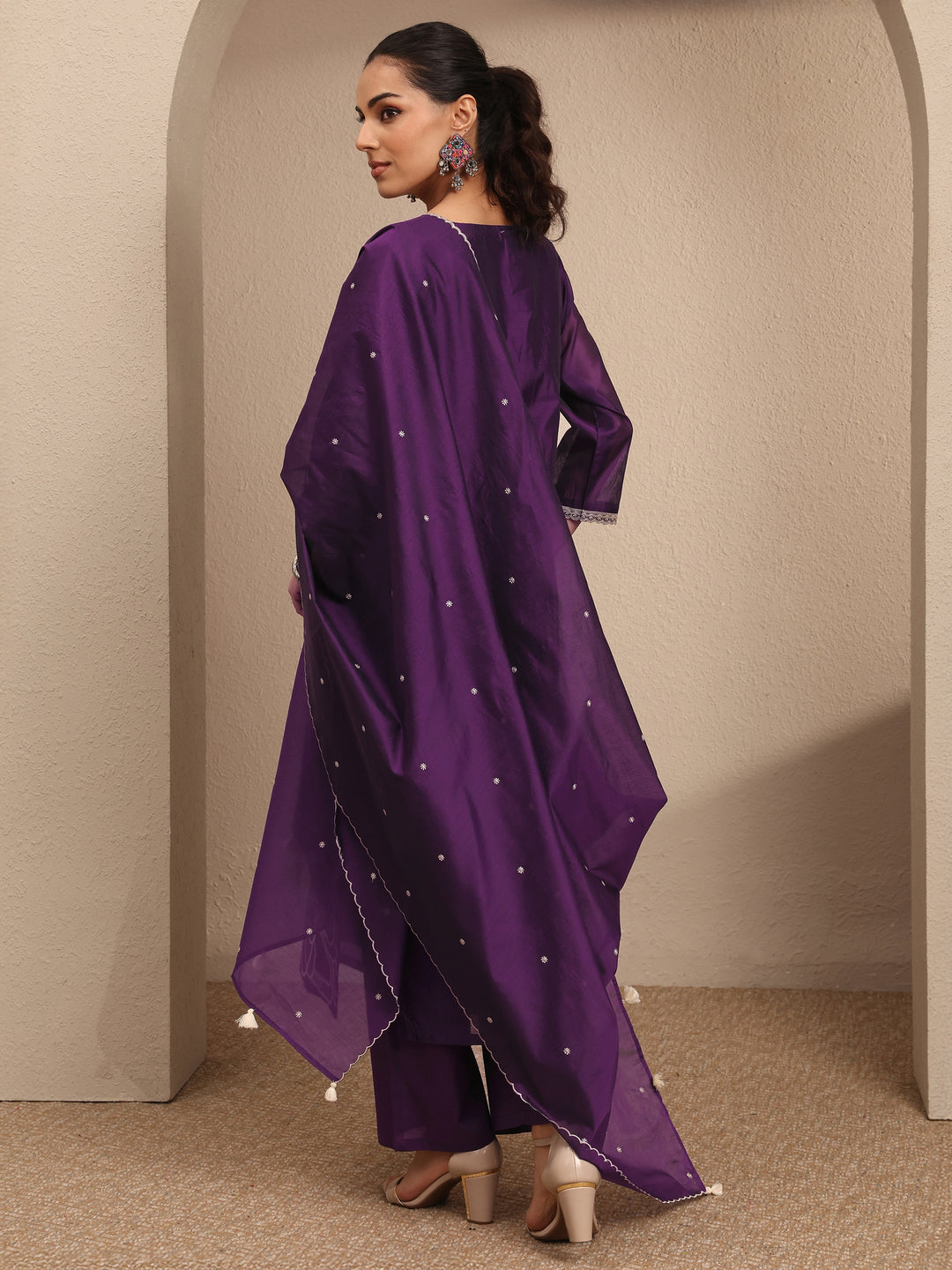  Purple Embroidered Silk Blend Straight Suit Set With Dupatta 
