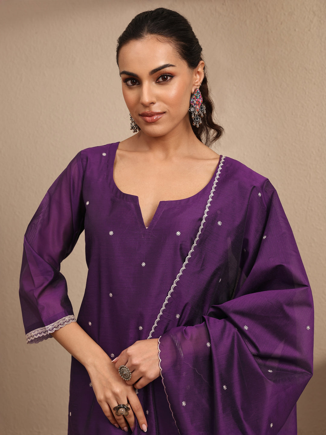  Purple Embroidered Silk Blend Straight Suit Set With Dupatta 