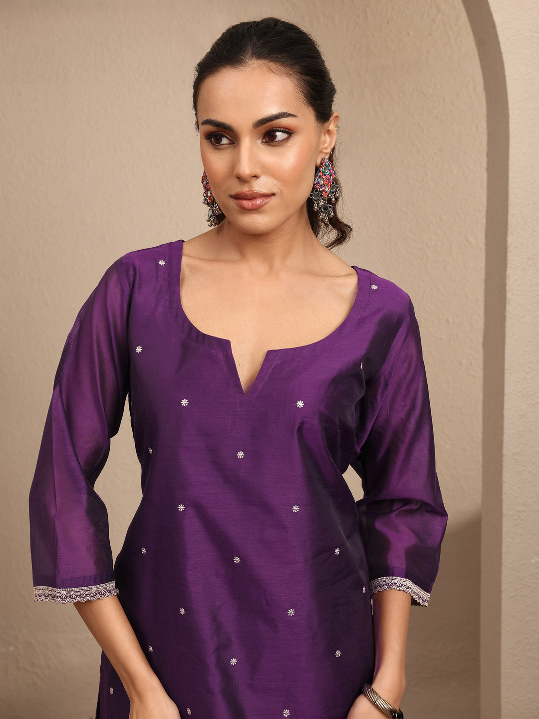  Purple Embroidered Silk Blend Straight Suit Set With Dupatta 