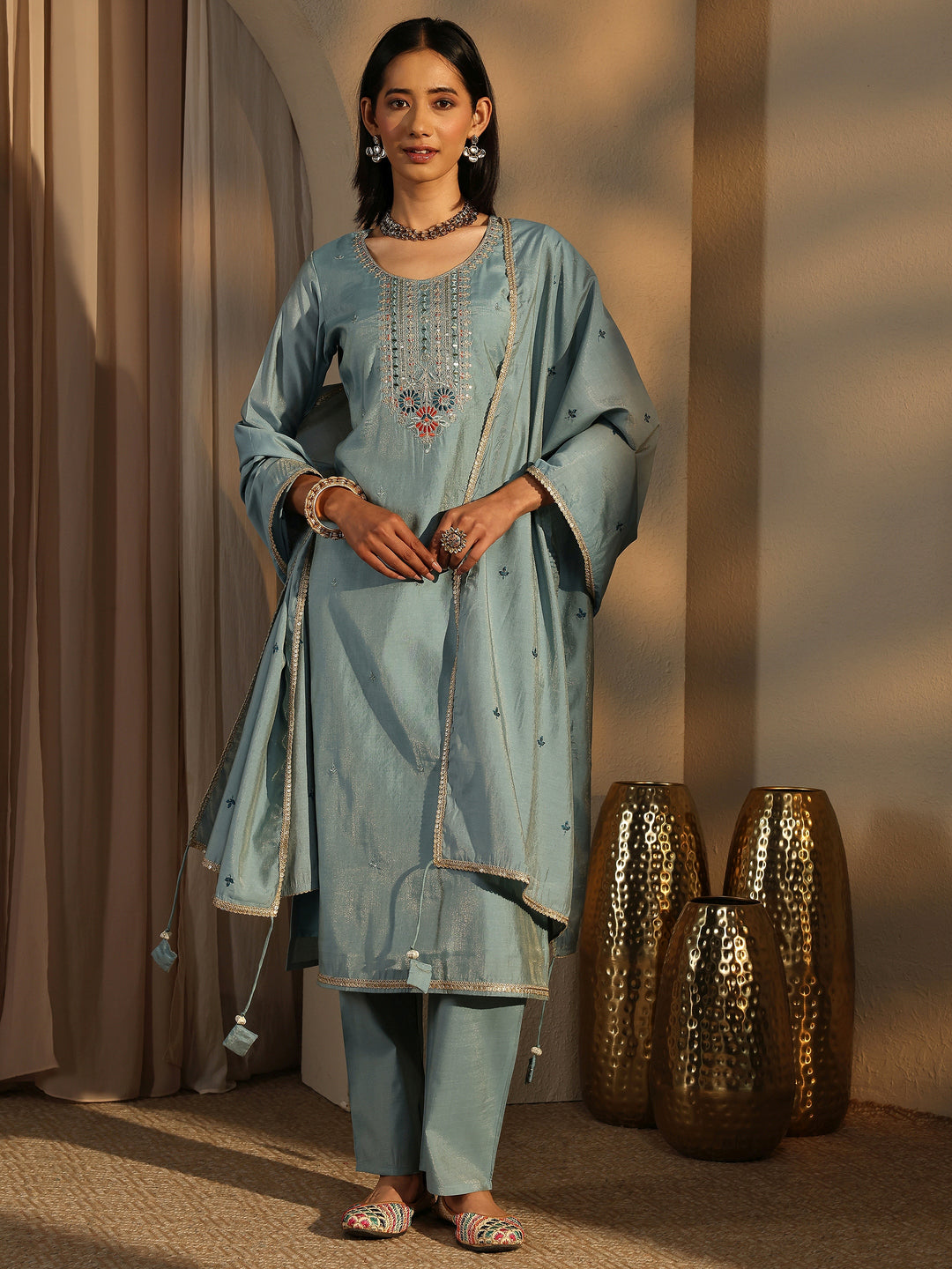  Blue Embroidered Silk Blend Straight Suit Set With Dupatta 