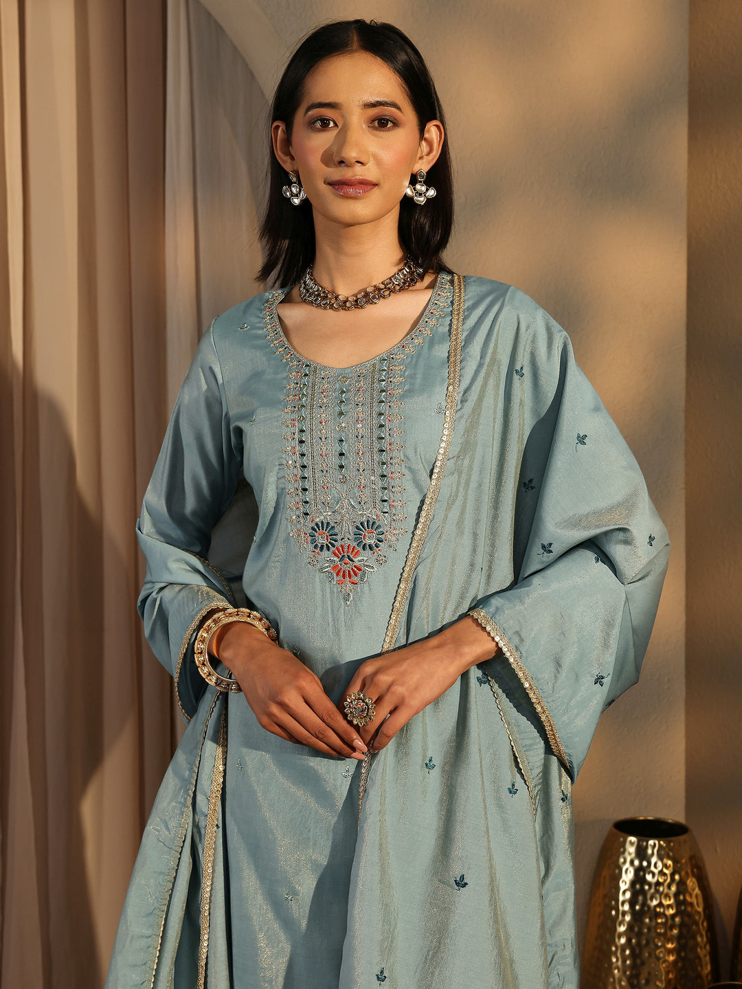 Blue Embroidered Silk Blend Straight Suit Set With Dupatta 