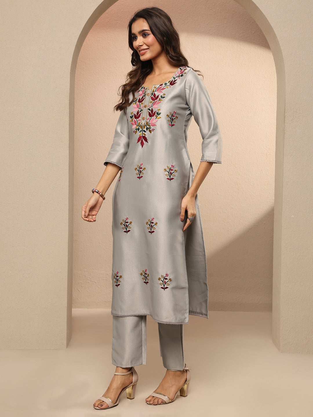  Grey Embroidered Silk Blend Straight Suit Set With Dupatta 