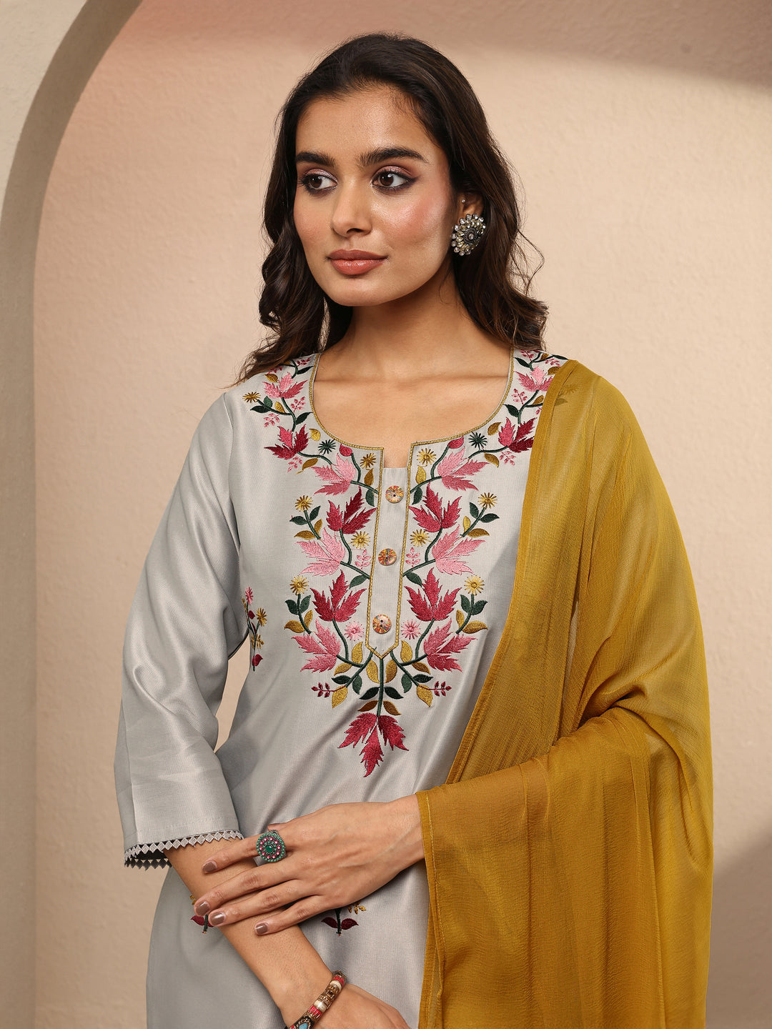  Grey Embroidered Silk Blend Straight Suit Set With Dupatta 