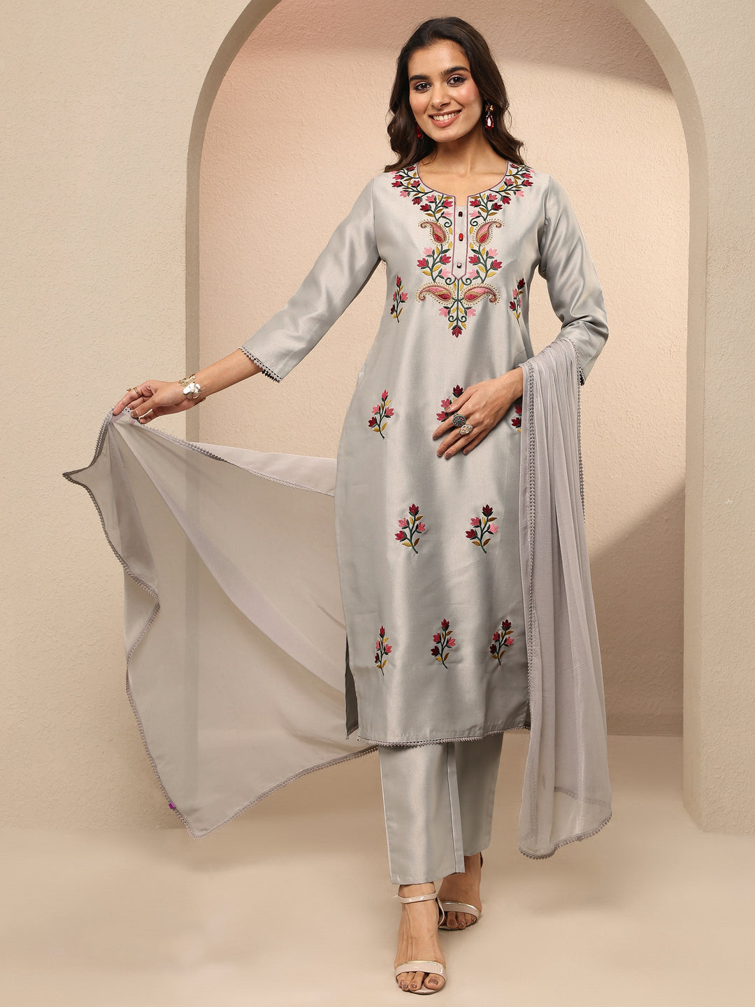  Grey Embroidered Silk Blend Straight Suit Set With Dupatta 