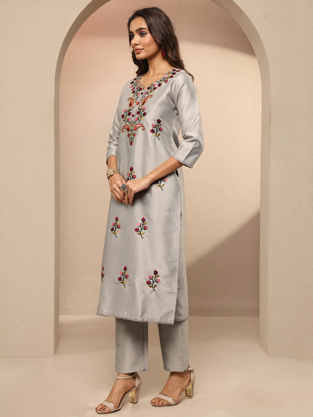  Grey Embroidered Silk Blend Straight Suit Set With Dupatta 