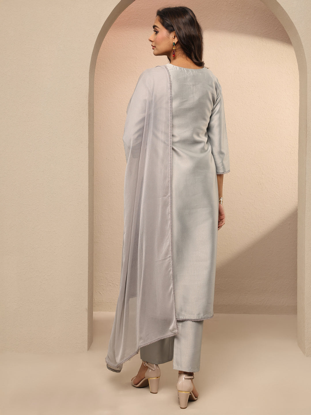  Grey Embroidered Silk Blend Straight Suit Set With Dupatta 