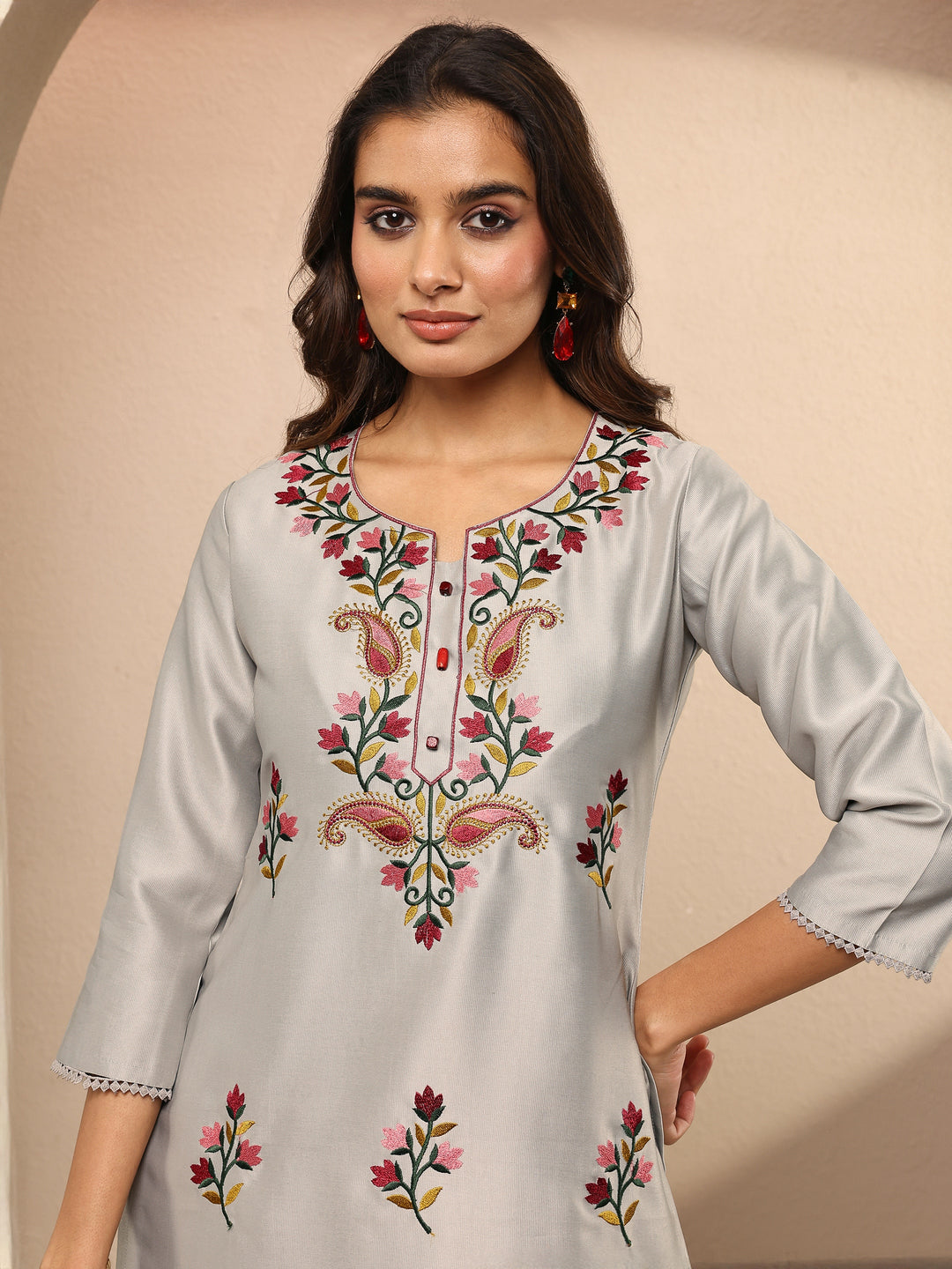  Grey Embroidered Silk Blend Straight Suit Set With Dupatta 